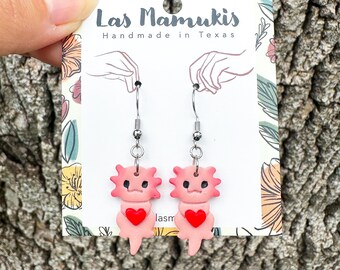 I Love You AxoLOTl | Pink Axolotl with Heart Valentine's Day Earrings | Quirky Earrings | Handmade Polymer Clay Earrings | Nickel Free