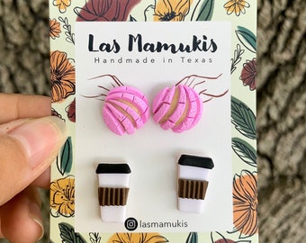 Cafecito con Conchas Rosas | Coffee with Pink Conchas Stud Pack | Handmade Polymer Clay Earrings | Mexican Pan Dulce | Nickel Free