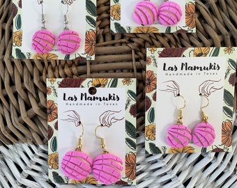 Pendientes colgantes de concha rosa / Pendientes de pan dulce mexicano / Pendientes de arcilla polimérica hechos a mano / Sin níquel