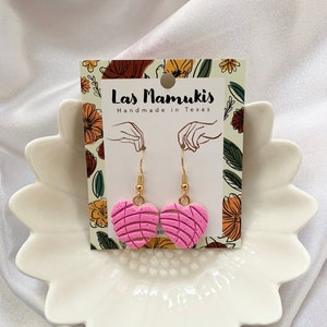 Pink Concha Heart Dangles | Concha Clay Earrings | Mexican Pan Dulce | Miniature Food | Handmade Polymer Clay Earrings | Nickel Free