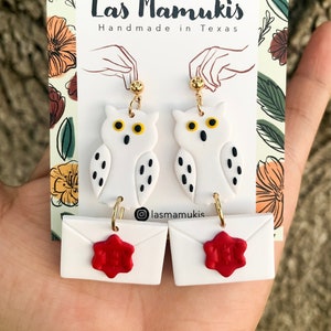 Snowy Owl Delivering Magic School Acceptance Letter | Magical Earrings | Handmade Polymer Clay Earrings | 18K Gold Plated | Nickel Free
