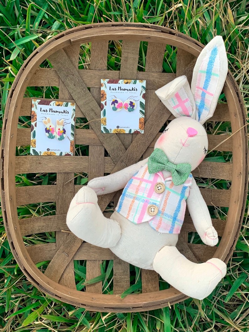 Spring Bunny Earrings 18K Gold Plated Studs Handmade Polymer Clay Earrings Spring Floral Earrings