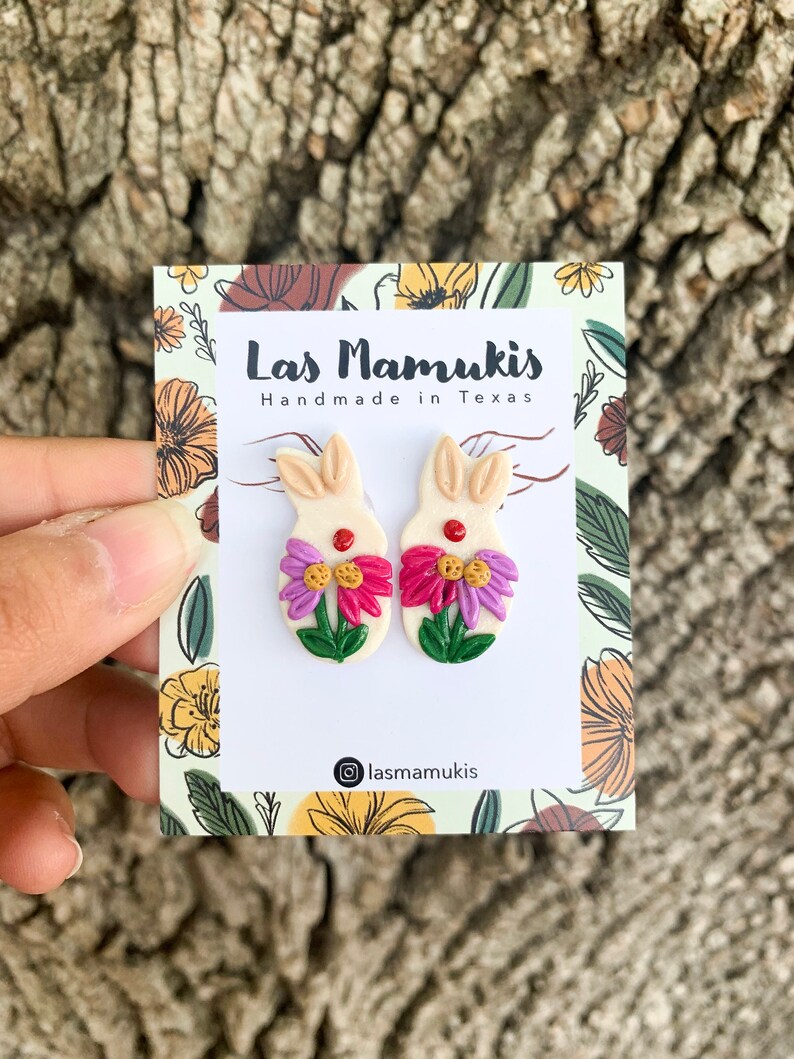Spring Bunny Earrings 18K Gold Plated Studs Handmade Polymer Clay Earrings Spring Floral Earrings