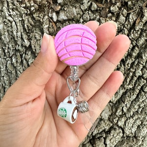 Pink Concha Badge Reel with Coffee Cup Charm | Handmade Polymer Clay Pan Dulce ID Holder | Nurse Gift | Latinx Accessory | Cute Badge Holder