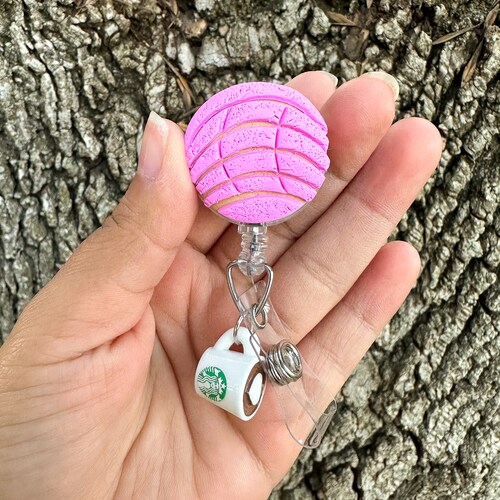Pink Concha Badge Reel with Coffee Cup Charm | Handmade Polymer Clay Pan Dulce ID Holder | Nurse Gift | Latinx Accessory | Cute Badge Holder