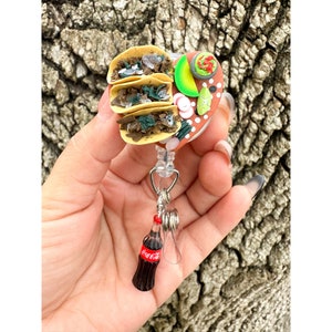 Orden de Tacos with Coke Badge Reel | Mexican Food ID Holder | Handmade Polymer Clay Badge Reel | Latinx Gift | Nurse Gift | Miniature Food