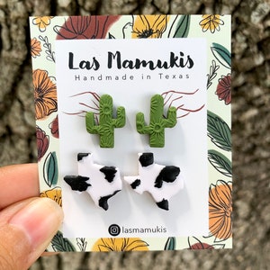 Sunburst Cacti & Cow Print Texas Stud Pack | Handmade Polymer Clay Earrings | Surgical Steel