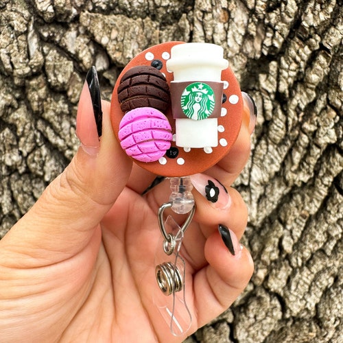 Mini Conchas con Cafecito Badge Reel | Mexican Pan Dulce ID Holder | Handmade Clay Badge Reel | Nurse Gift | Latinx Gift | Miniature Food