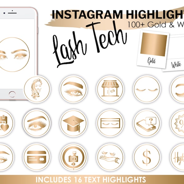 Lash Tech Instagram Story Highlight Icons, Salon Highlight, Instagram Covers, Gold White, Lash Tech Highlights, Template,  Lashes, Lash Tech