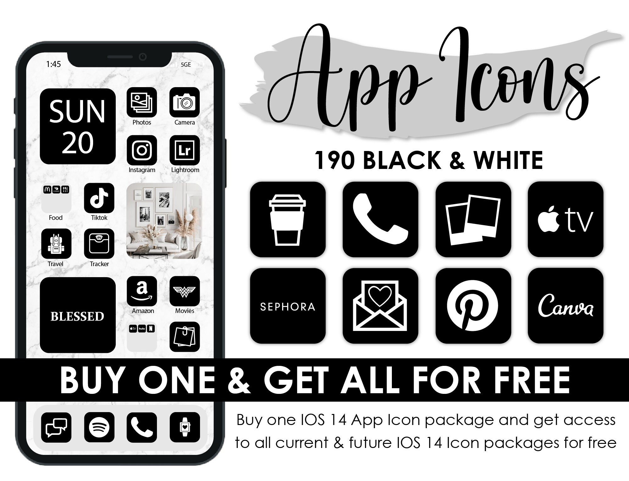 App Icons Black White Black And White Icon Packs Ios 14 Etsy