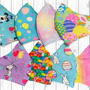 Easter face mask with nose wire, filter pocket and adjustable ear loops. Comfortable mask Pastel colors. Made in USA