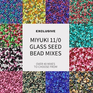 May include: A collage of colorful Miyuki 11/0 glass seed bead mixes. The image features various bead color combinations, including blue, green, pink, and yellow. The text in the center reads "EXCLUSIVE MIYUKI 11/0 GLASS SEED BEAD MIXES" and "OVER 40 MIXES TO CHOOSE FROM."