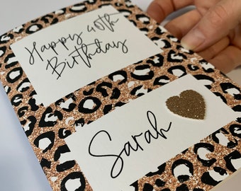 Personalized 40th Birthday Card: Leopard Print, Glitter Heart