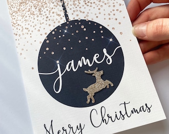 Personalized Bauble Christmas Card: Glitter Reindeer, Linen Card