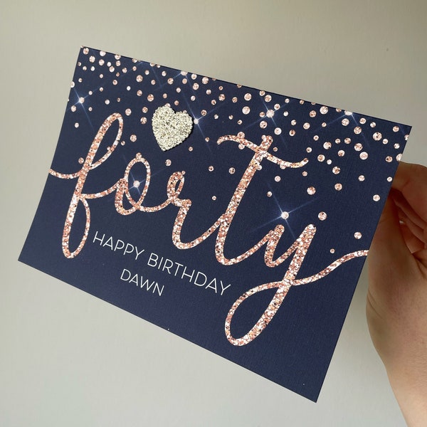 Biglietto di auguri personalizzato per il 40° compleanno: cuore glitterato stampato, carta di lino