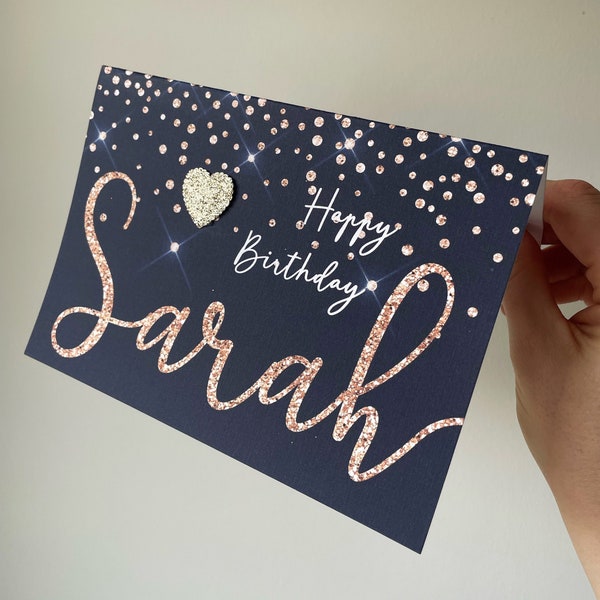 Personalized Birthday Card: Glitter Heart, Linen Cardstock