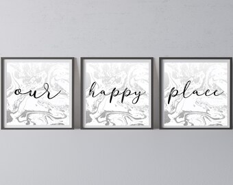 Set of three new home prints Our happy place print, Home decor, Set of three prints, Marble home quote print, new home print, UNFRAMED