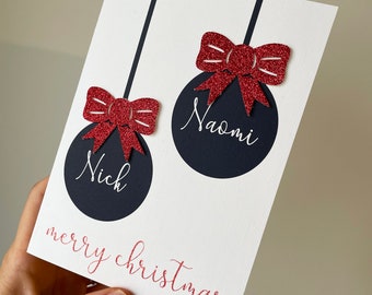 Personalized Christmas Card: Navy Bauble Glitter Bow, Linen Card