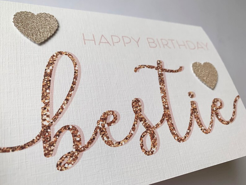 glitter happy birthday bestie Images High Quality... Bestie Birthday Card: Rose Gold Glitter Heart, Linen Card - Etsy