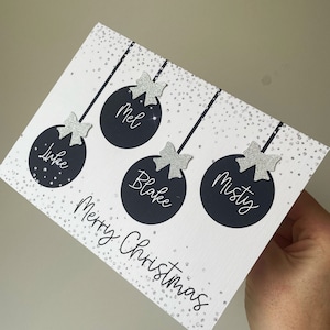 Tarjeta de Navidad personalizada para la familia, tarjeta de Navidad familiar, tarjeta de Navidad con adornos navideños, tarjeta de la familia, tarjeta de Navidad, lazo con purpurina