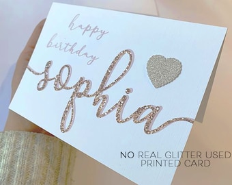 Personalised birthday card, Happy Birthday, Birthday card for her, Name card, Card for her, fully printed card, no actual glitter, not 3D