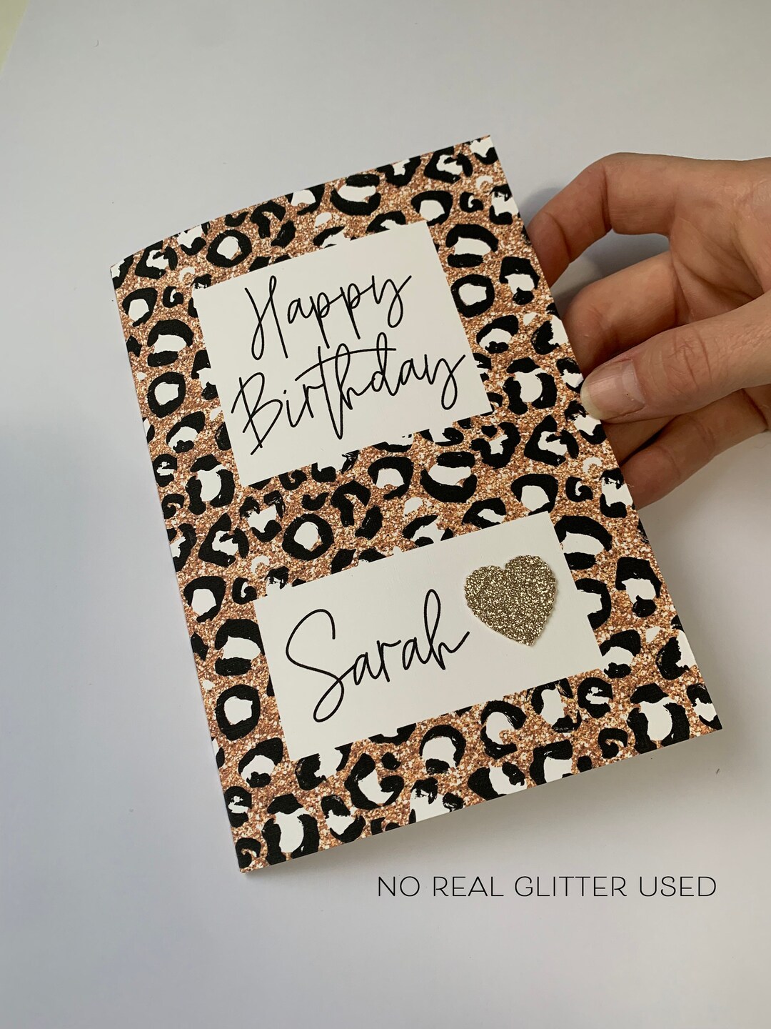 Personalized Leopard Print Birthday Card: Glitter Heart, Linen Card - Etsy