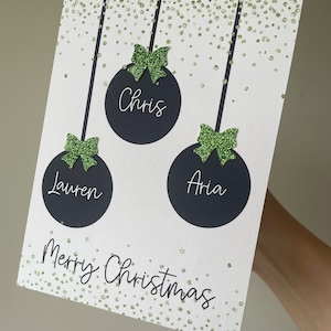 Tarjeta de Navidad personalizada para la familia, tarjeta de Navidad familiar, tarjeta de Navidad con adornos navideños, tarjeta de la familia, tarjeta de Navidad, lazo con purpurina