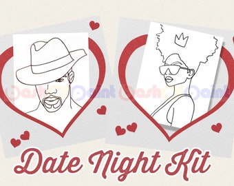 Couples Date Night Box, PreDrawn Canvas Adult Art, DIY Sip Paint Kit, Valentine, Anniversary, Ready To Paint Black Woman & Man w/Hat Set