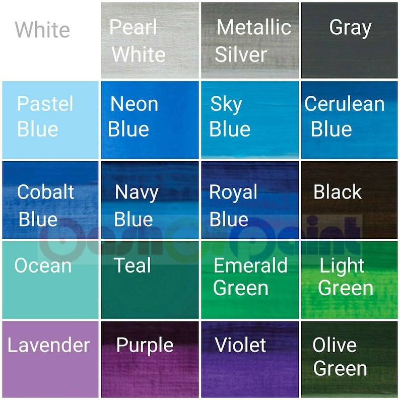 May include: A color chart with 16 paint colors, including white, pearl white, metallic silver, gray, pastel blue, neon blue, sky blue, cerulean blue, cobalt blue, navy blue, royal blue, black, ocean, teal, emerald green, light green, lavender, purple, violet, and olive green.