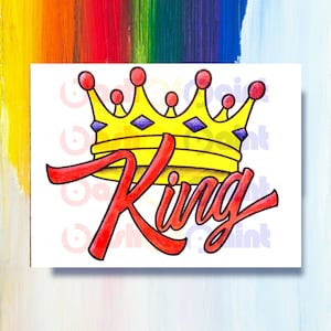 May include: A yellow crown with red and blue accents sits above the word "King" written in red cursive.