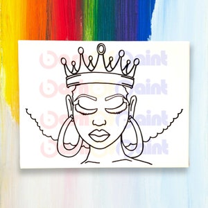 May include: A black and white line drawing of a woman wearing a crown and large hoop earrings. Her eyes are closed and she has a serious expression.