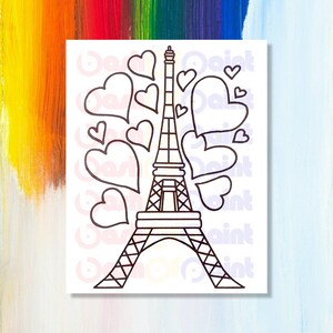 Paris PreDrawn Canvas Outlined Sketch, DIY Paint Sip Party Kit, Girl Teen French Birthday Idea, Pre Printed, PreSketched Eiffel Tower Hearts