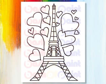 Paris PreDrawn Canvas Outlined Sketch, DIY Paint Sip Party Kit, Girl Teen French Birthday Idea, Pre Printed, PreSketched Eiffel Tower Hearts