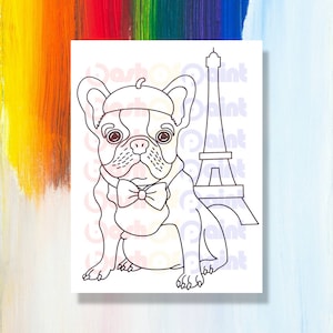 Frenchie Paris PreDrawn Canvas Paint Sip Party Kit, Outlined Sketch DIY Kids Birthday, Paint Your Own French Bulldog, Beret & Eiffel Tower