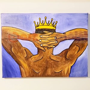 May include: A painting of a person with brown skin, wearing a gold crown. The person is sitting with their arms behind their head, and the background is a light purple color.