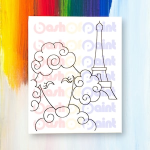 Lienzo prediseñado con contorno de París, kit para pintar y beber para niños, boceto prediseñado, idea de cumpleaños francés para niña, caniche y Torre Eiffel