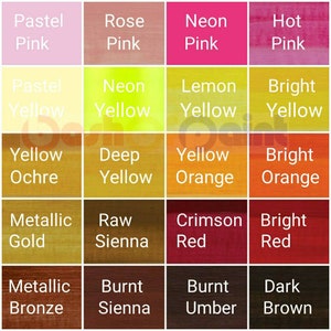 K&ouml;nnte beinhalten: Eine Farbkarte mit 20 verschiedenen Farben, darunter Pastellrosa, Rosarot, Neonrosa, Hei&szlig;rosa, Pastellgelb, Neongelb, Zitronengelb, Leuchtgelb, Gelb Ocker, Dunkelgelb, Gelb Orange, Leuchtorange, Metallic Gold, Rohschiefer, Rot, Leuchtrot, Metallic Bronze, gebrannte Sienna, gebrannte Umbra und Dunkelbraun.