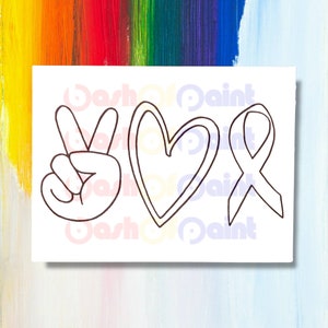 PreDrawn Canvas Outline Sketch, Paint Sip Party Kit, PreSketched, Kid Teen Adult Party Idea, Paint your Own Peace, Love & Awareness Ribbon