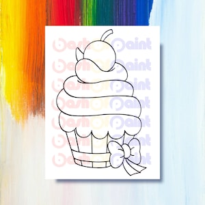 Cupcake PreDrawn Canvas Sketch Outline, DIY Paint Sip Party Kit, PreSketched Kids Children Girl Boy Sweet Shop Birthday Idea, Ready to Paint