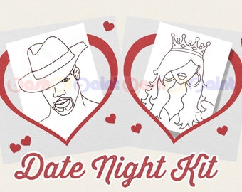 Couples Date Night Box, PreDrawn Canvas Adult Art, DIY Sip Paint Kit, Valentines, Anniversary, Ready To Paint Black Queen & Man w/Hat Set