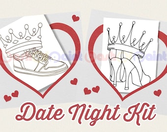 Couples Date Night Box Painting Kit, PreDrawn Canvas Outline Sketch, Adult Anniversary Gift, DIY Paint Sip Party, Crown & Heels/Sneaker Set