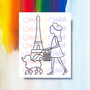 Paris PreDrawn Canvas Outlined Sketch, Kids Paint Sip Party Kit, DIY Girl Teen French Birthday Party, French Lady, Poodle & Eiffel Tower