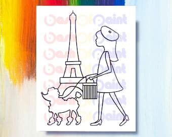 Paris PreDrawn Canvas Outlined Sketch, Kids Paint Sip Party Kit, DIY Girl Teen French Birthday Party, French Lady, Poodle & Eiffel Tower