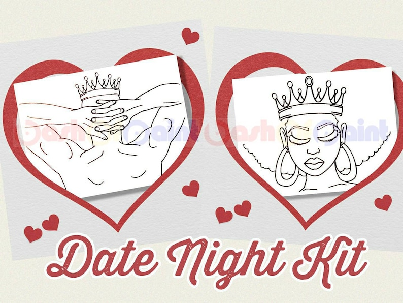 May include: A printable coloring page set with a king and queen theme. The image shows a black and white outline of a man and woman wearing crowns. The text "Date Night Kit" is below the images.