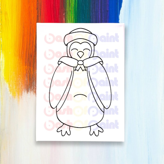 Penguin Predrawn Canvas Outlined Sketch, Kids DIY Paint Sip Party