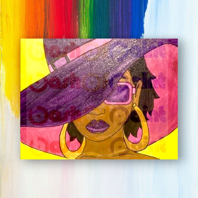 May include: A woman with dark skin is wearing a large, pink and purple hat with a brim that covers her eyes. She is also wearing sunglasses and large gold hoop earrings. The background is a yellow and rainbow striped pattern.