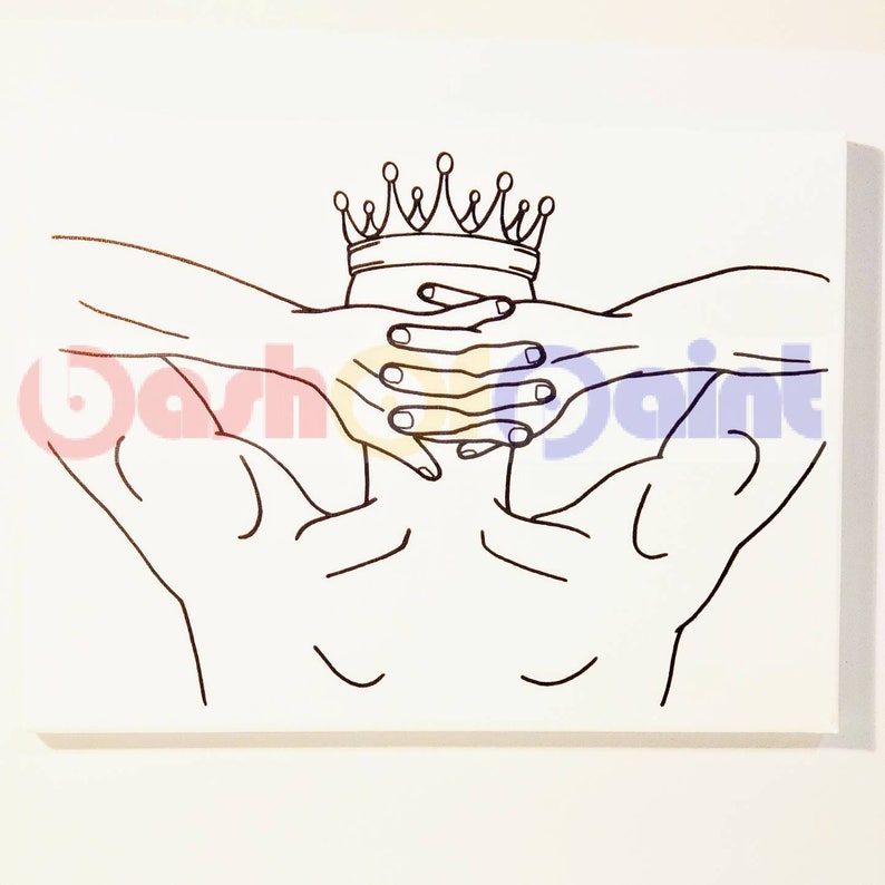 May include: Line drawing of a person with their arms raised behind their head, wearing a crown. The person's hands are clasped behind their head.