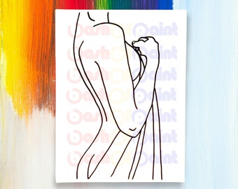 PreDrawn Canvas Outlined Sketch for DIY Sip Paint Party, Nude Woman Pre Sketched Drawing and Art Painting Kit, Adult Craft Gift Idea