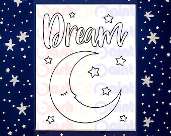 PreDrawn Canvas Outlined Sketch, DIY Paint Sip Party Kit, PreSketched Adult, Kids Birthday Idea, Nursery Decor, Ready to Paint Dreamy Moon