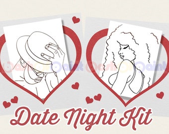 Couples Date Night Box, PreDrawn Canvas Adult Art, DIY Sip Paint Kit, Valentine, Anniversary, Ready To Paint Sexy Afro Woman & Man w/Hat Set